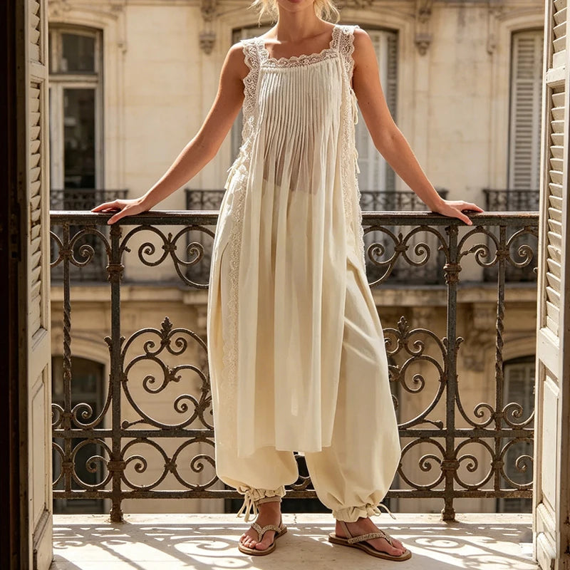 Lace Side Split Beach Pleated Solid Color Maxi Dress for Women