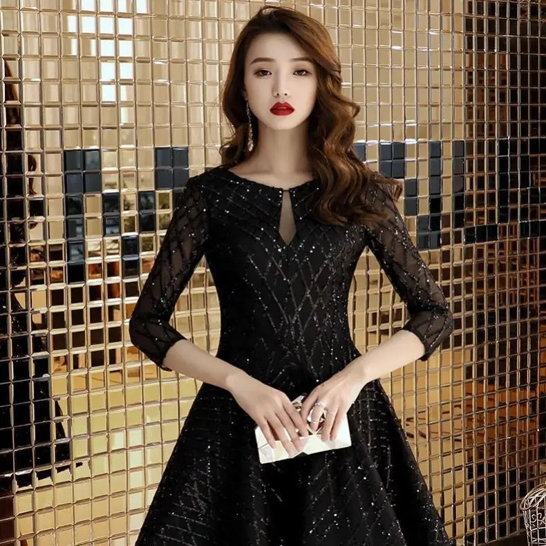 Black O-Neck Mid-Calf Evening Dress With Tatting For Women
