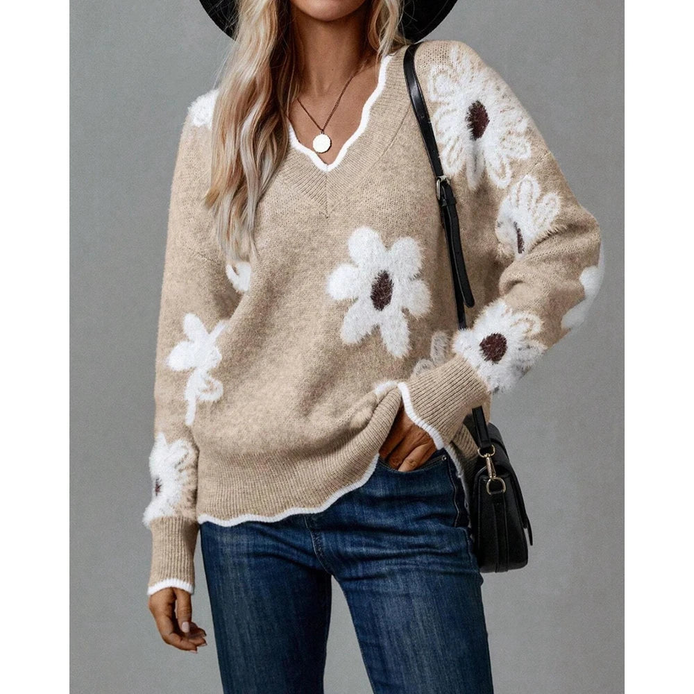 Women Contrast Binding 3D Flower V Neck Long Sleeve Pullover Sweater Casual Loose Fit Fall Top for Autumn Winter Outfits