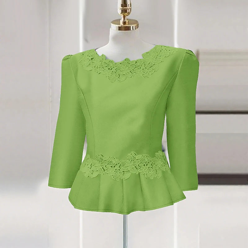 Lace Patchwork Three Quarter Sleeve Peplum Blouse for Women