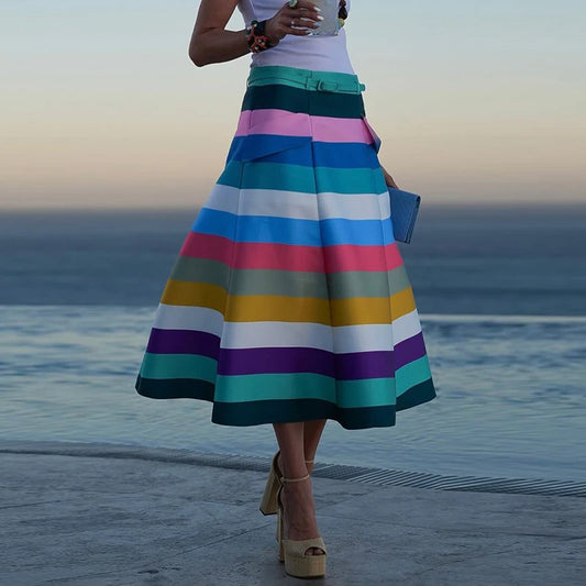 Krisstarsgirls 2025 Colorful Striped Skirts for Women Trendy Summer Split-joint Belted Pockets Skirts Bottoms Clothes for Woman