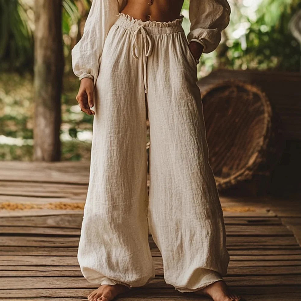 Women's Cotton and Linen Casual Loose Wide Leg Pants Autumn Retro Elastic Waist Drawstring Tied Pocket Pants Ethnic Vacation