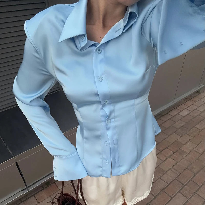 Elegant Satin Long Sleeve Button-Up Shirt for Women