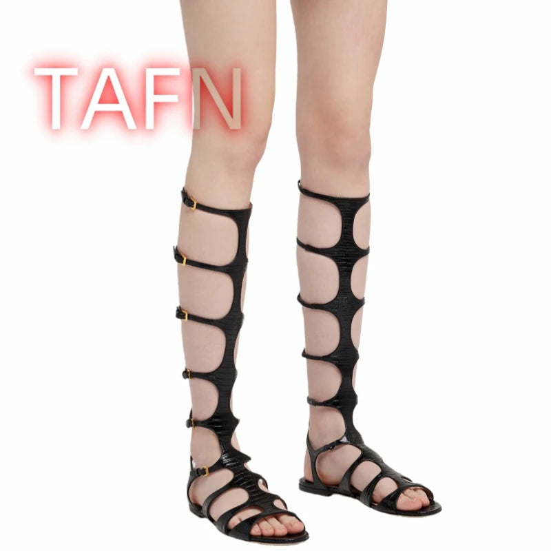 Knee-High Faux Crocodile Gladiator Sandals With Back Zipper for Women