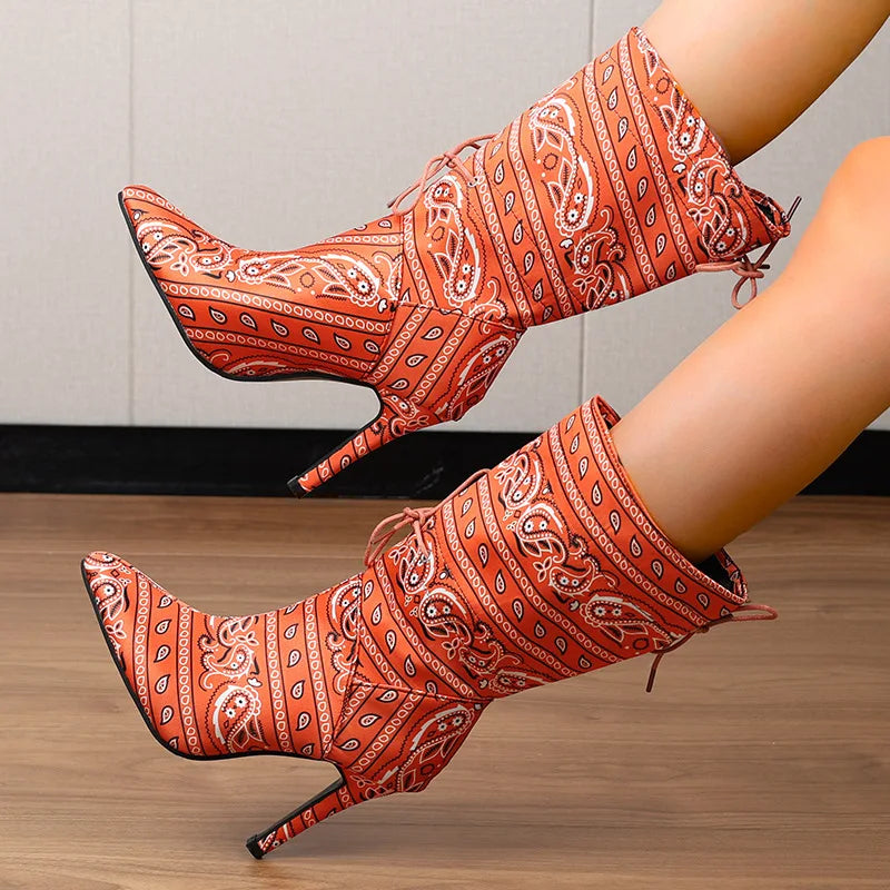 Camouflage Pointed Toe High Heel Mid-Calf Boots for Women