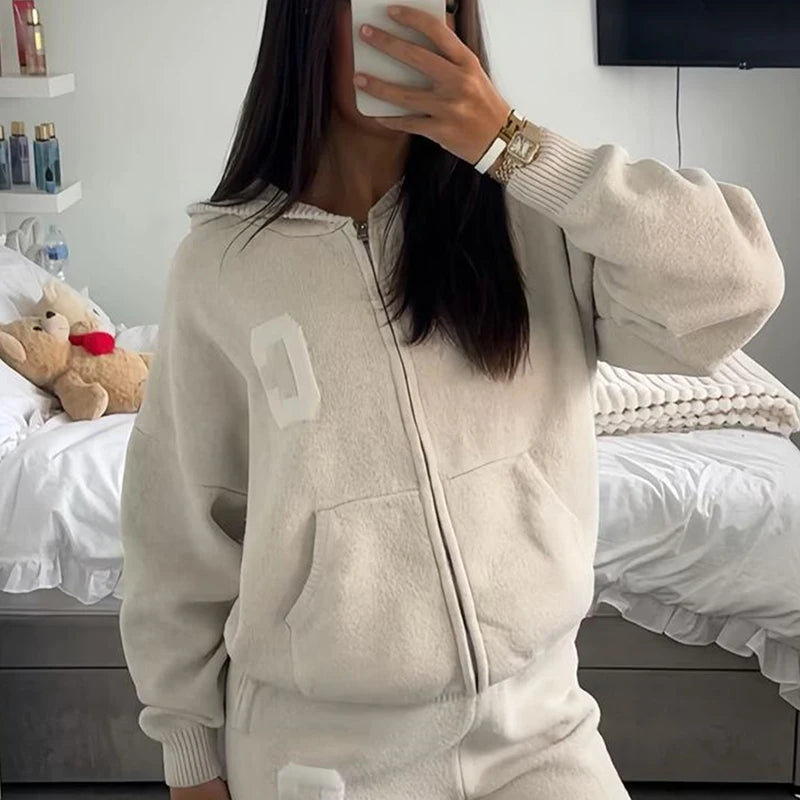 Letter Print Hooded Two Piece Set With Wide Leg Pants for Women