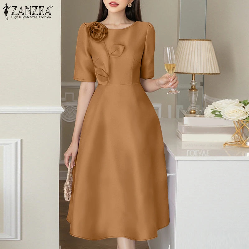 Satin Floral Applique Midi Dress