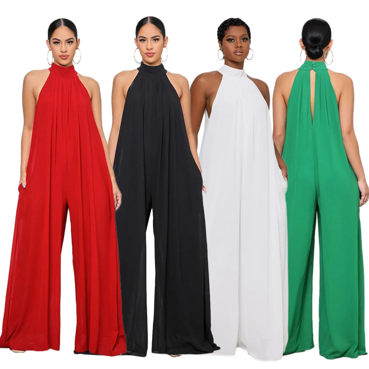 Loose Fit Solid Color Chiffon Ankle Length Jumpsuit for Women