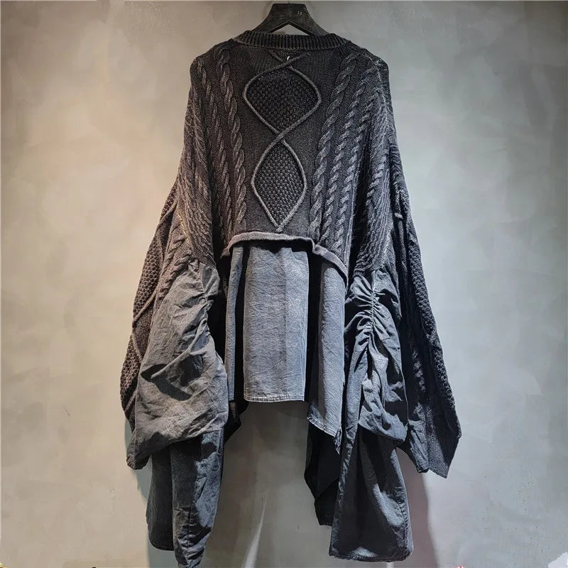 YEAE personalized old twist weaving splicing women's knitted sweater long-sleeved V-neck ruffle leaf edge autumn and spring new