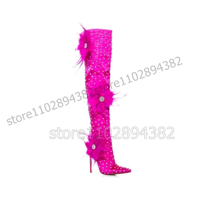 Rose Red Pointy Toe Boots With Thin Heels For Women