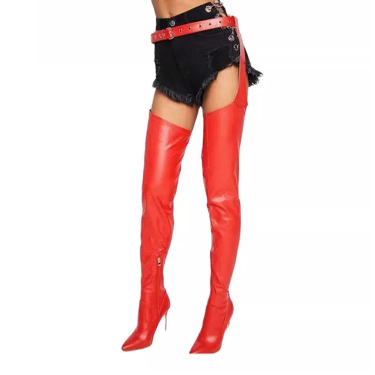 Red Pointed Toe Stiletto Thigh High Boots With Matching Belt for Women