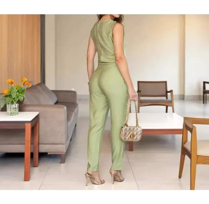 Fashion Women's Two Piece Set New Solid Round Neck Sleeveless Top and High Waist Pants Suit for Female Streetwear 2024 Summer