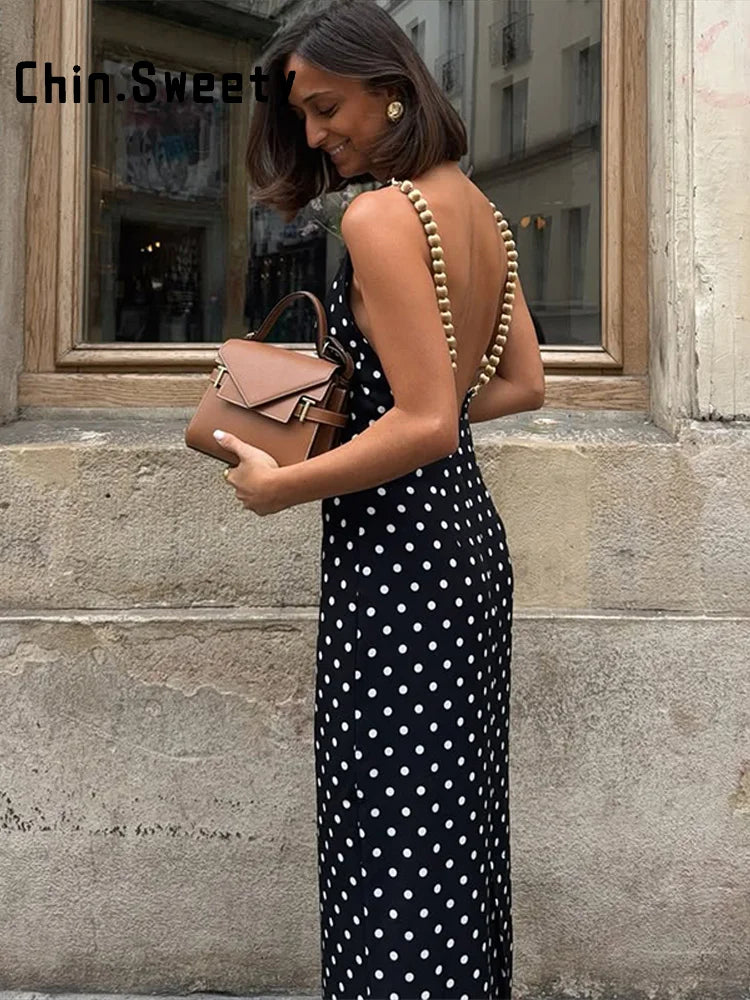 Black Beaded Backless Square Neck Sleeveless Summer Dress For Women