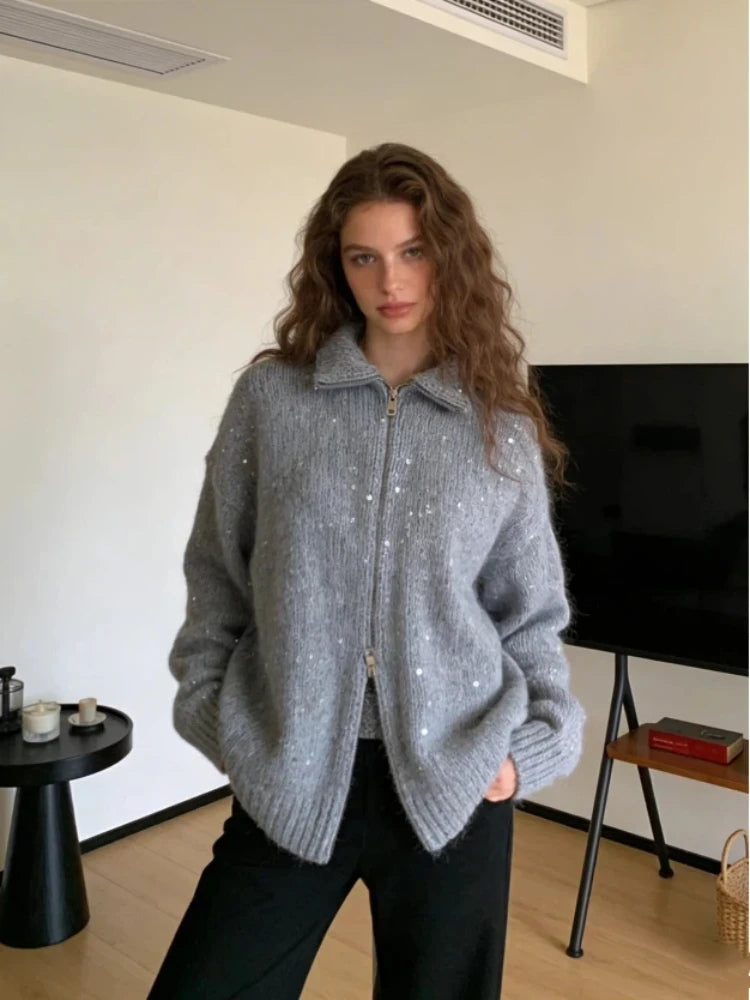 Sequins Knit Women 's Sweater Elegant Stand Collar Y2k Full Sleeve Sweaters Lady 2025 New Autumn Winter Woman Jacket Knitwear