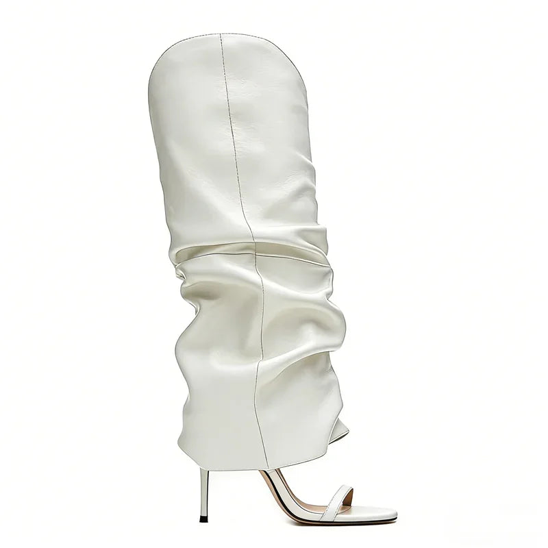 Pointed Toe Knee High Thin Heel Leather Boots for Women