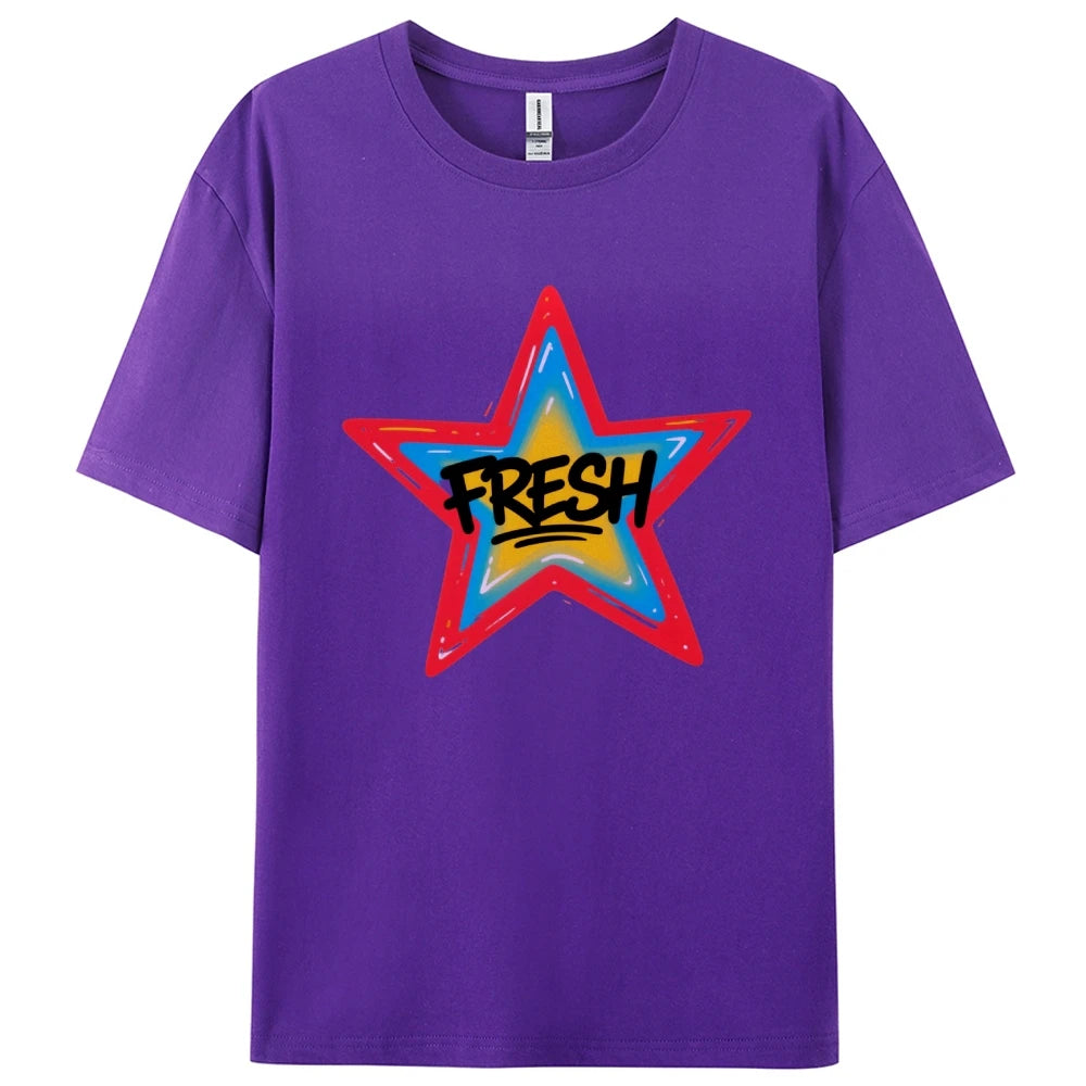 Graffiti Style FRESH Colorful Star Graphic Tee Casual White T-Shirt with Vibrant Gradient Star Design for Trendy Urban Fashion
