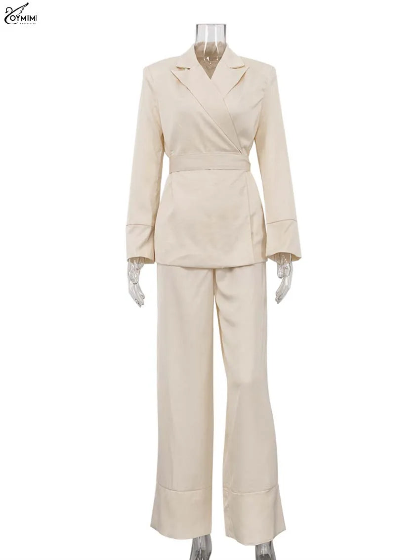 Oymimi Elegant Apricot 2 Piece Sets Women Outfit Fashion Long Sleeve Lace-Up Shirts And High Waist Straight Simple Trousers Sets