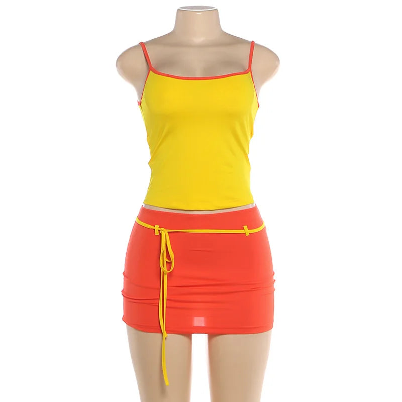 Color Blocking Two Piece Set Backless Camisole And Tassel Skirt for Women
