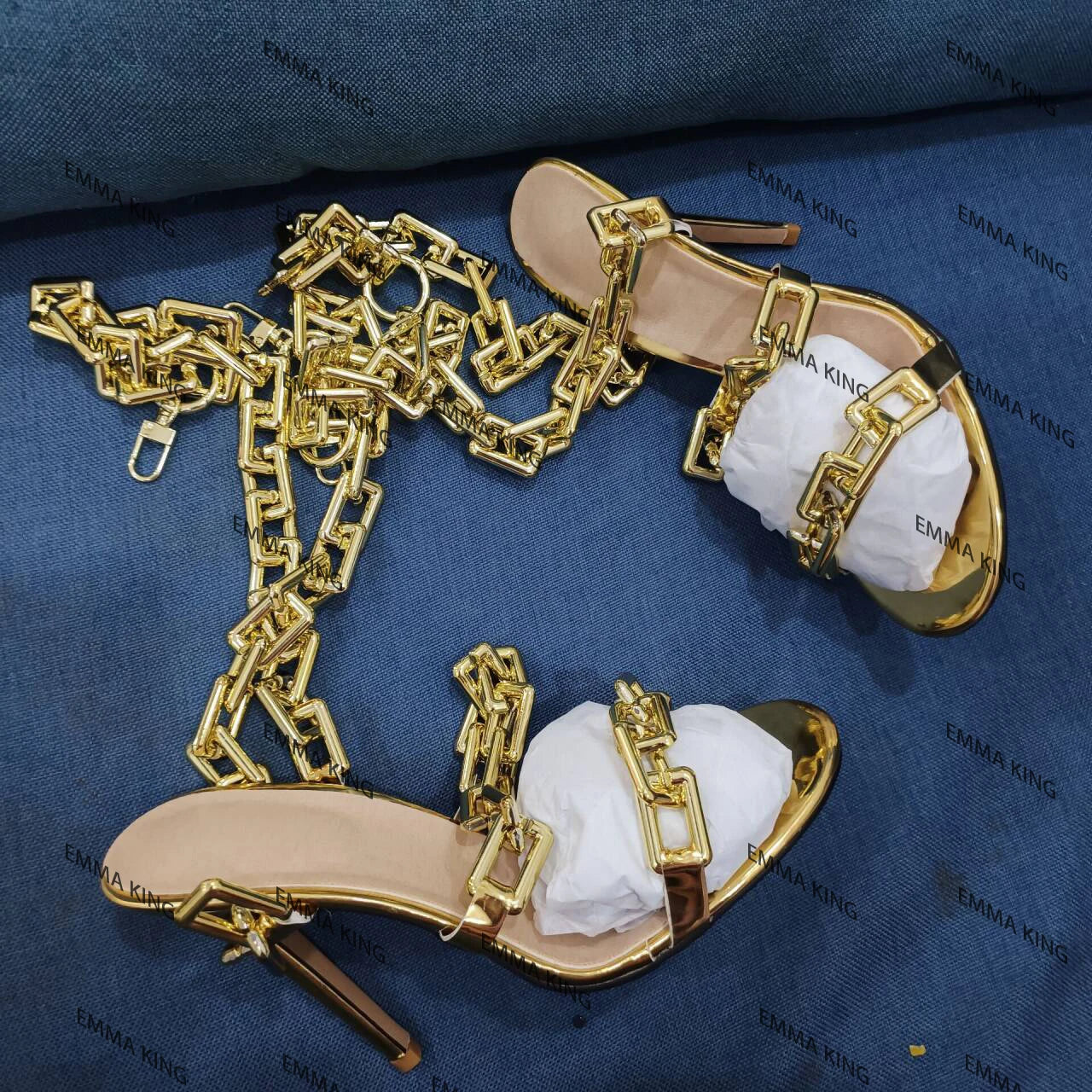 Patent Leather Twist Heel Chain Sandals