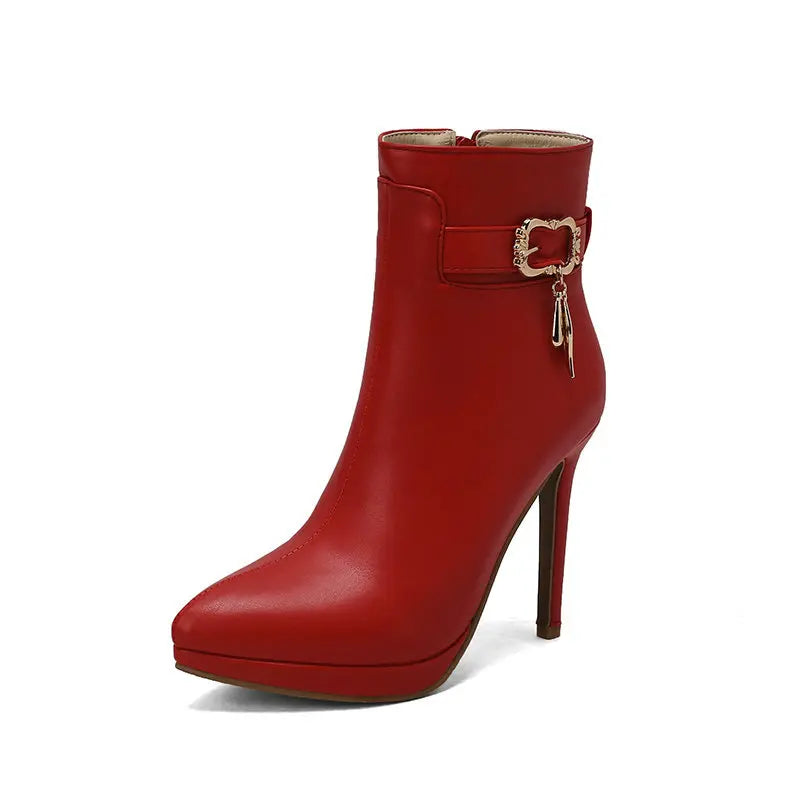 Red High Heel Pointed Toe Ankle Boots