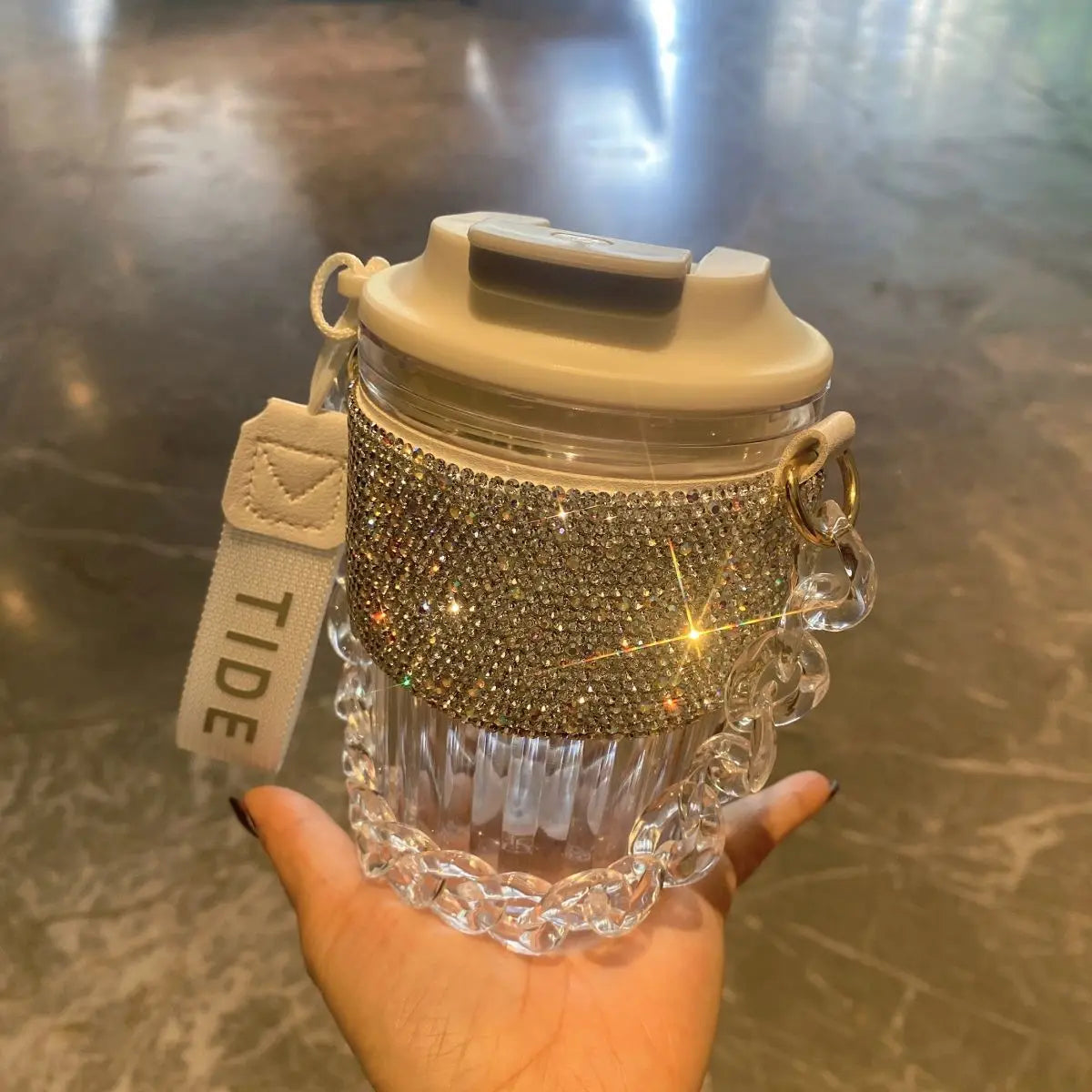 Portable Rhinestone Glass Coffee Cup With Chain for Women