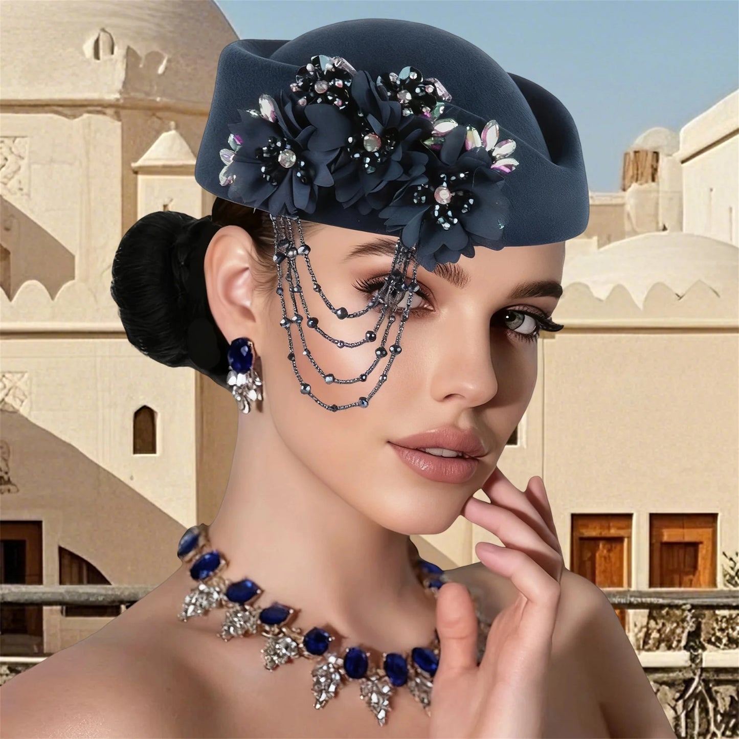 Retro British Beret With Floral Rhinestone Decor For Women