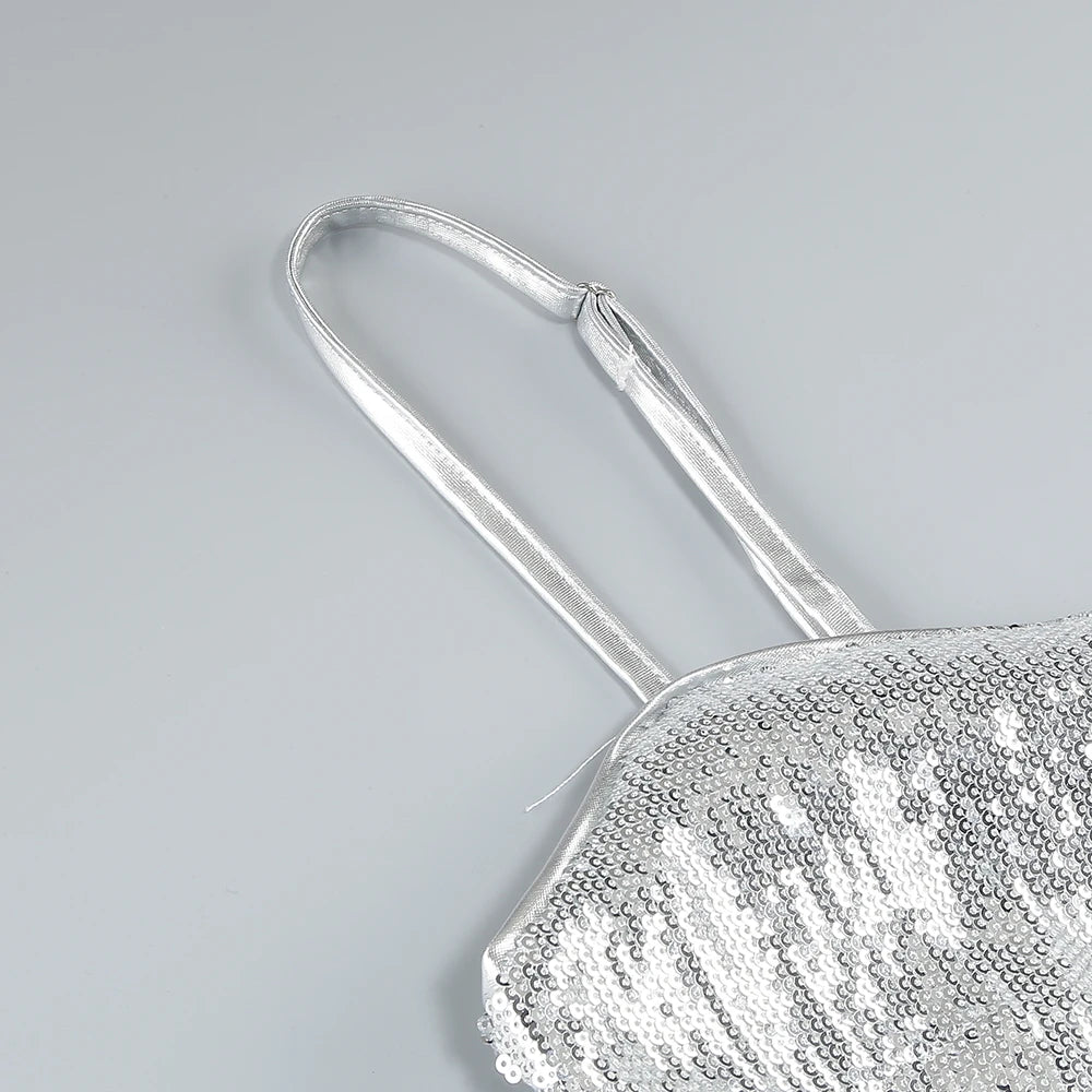 Glamorous Women's Silver Sequin Spaghetti Slip Mini Dress with Ruffled Hem Shiny Flower Party Night Club and Special Occasion