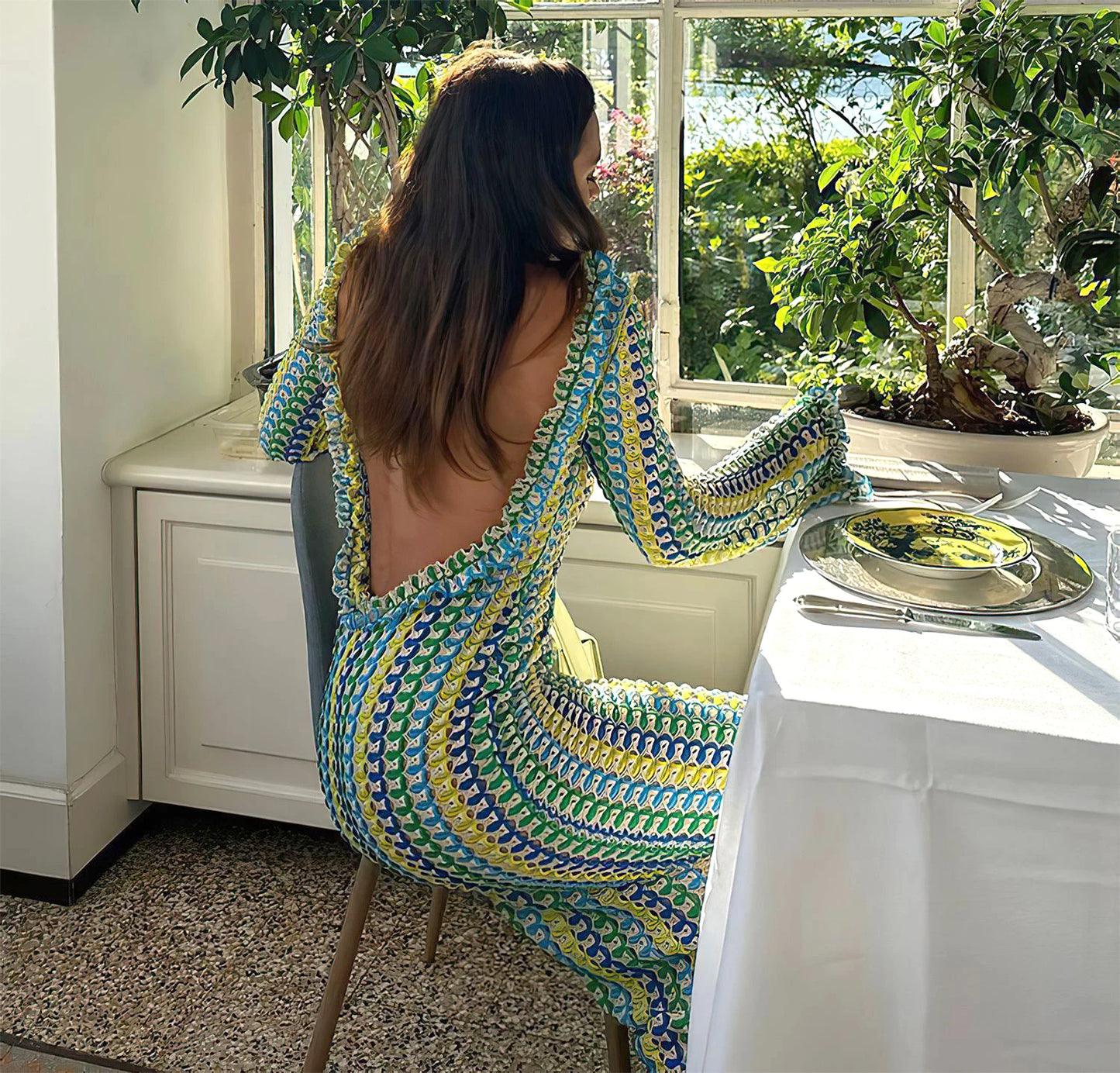 Sexy Backless Flare Sleeve Lace Knit Cut Out Party Beach Maxi Dress 2025 Summer Women Vacation Beachwear Swimsuit Cover Up A2815