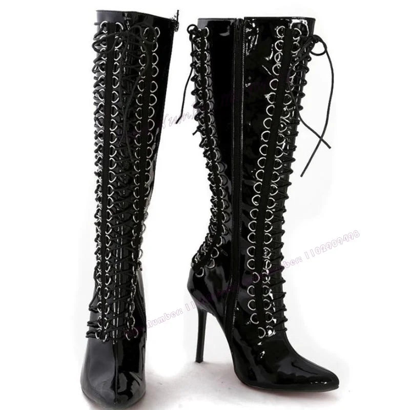 Cross-Tied Buckle Knee High Boots