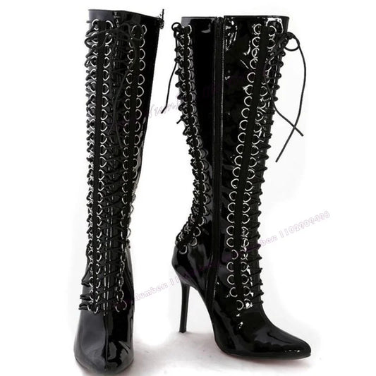 Cross-Tied Buckle Knee High Boots