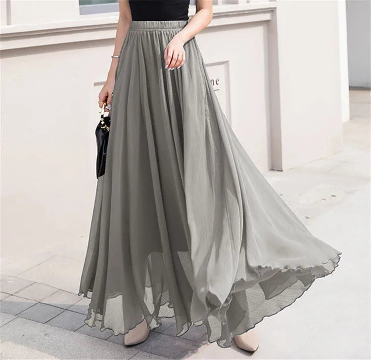 Elegant Solid Color Chiffon A-Line Skirt with High Waist for Women