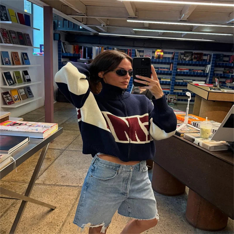 Letter Women 's Sweater Stand Collar Y2k Knit Sweaters For Woman Zipper Full Sleeve Tops Female 2025 Winter Men Jacket Knitwear