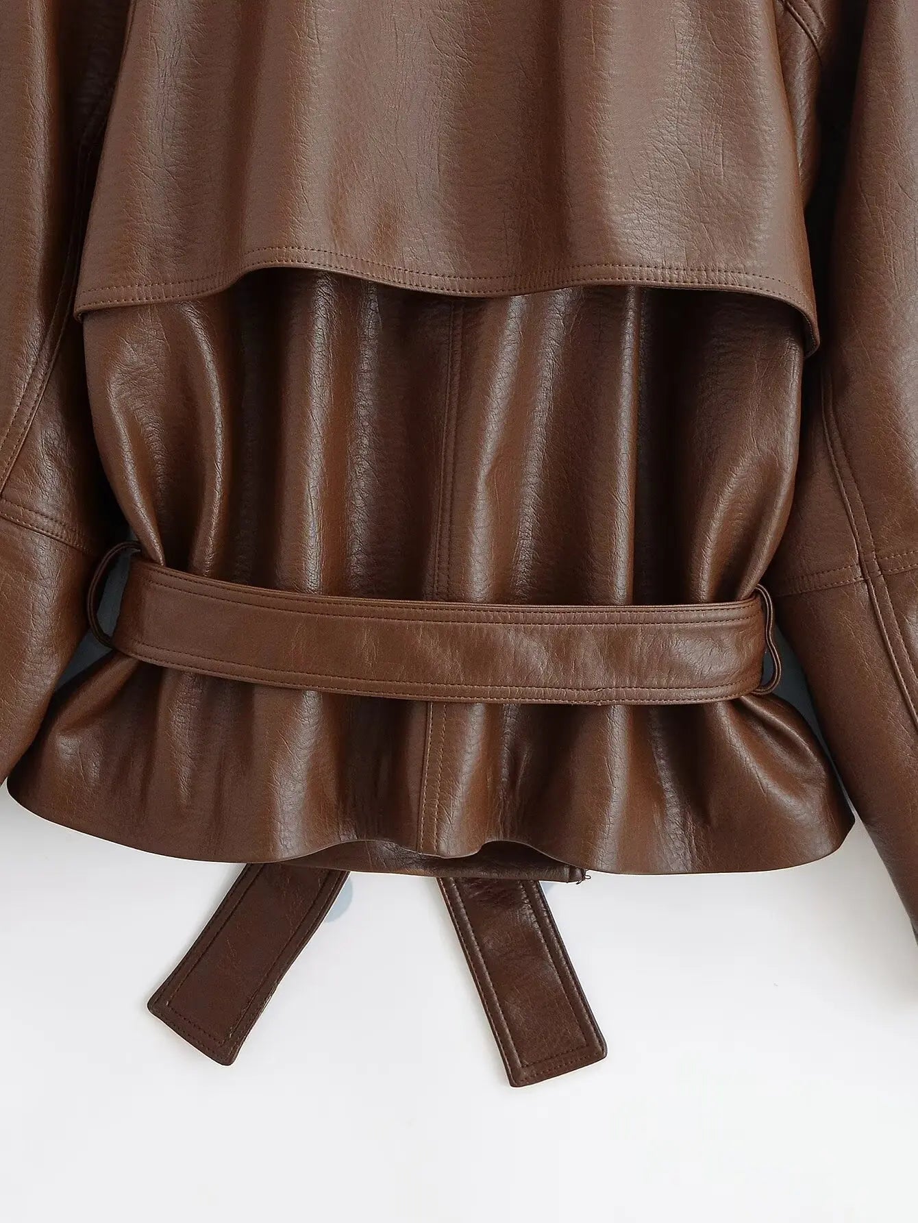Oversized Double Breasted Faux Leather Lace Up Jacket for Women