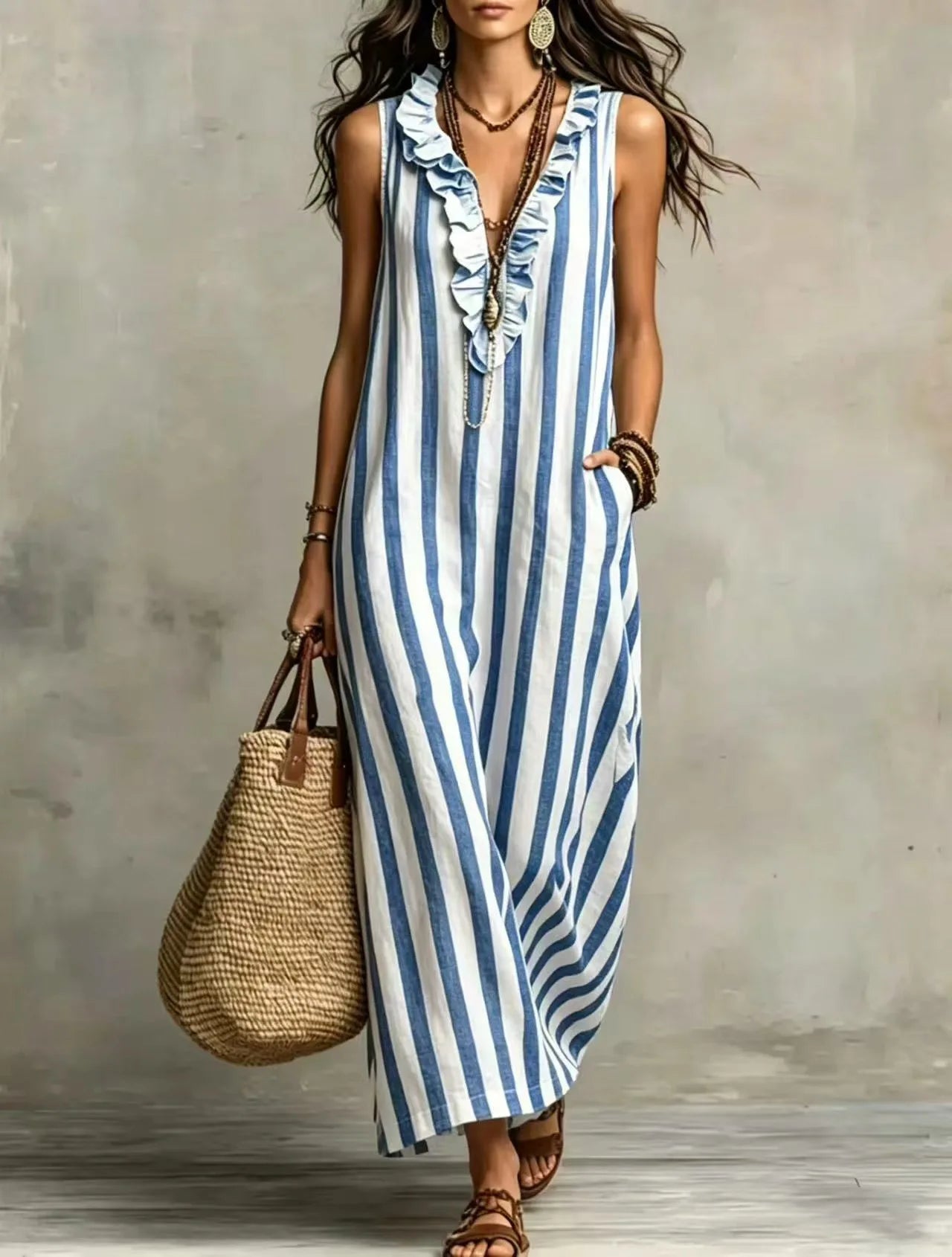 Striped V-Neck Ruffle Sleeveless Pocket Maxi Dress for Women
