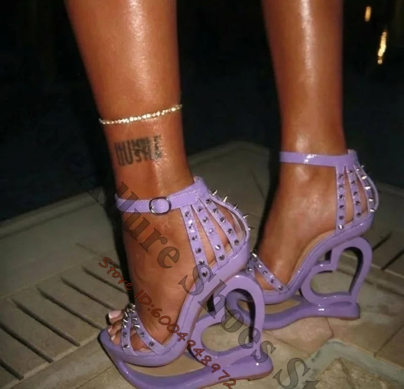 Glossy Patent Leather Spiked Heart Cage Wedge Sandals For Women