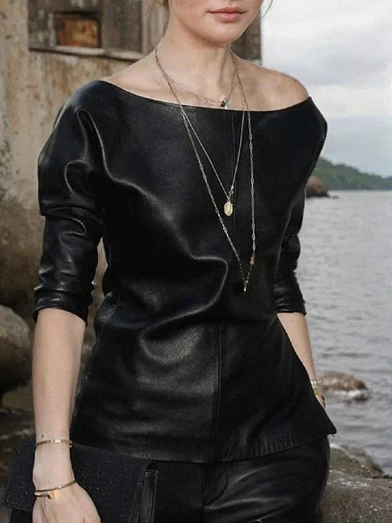 Women PU Leather Round Neck Long Sleeve Blouse Tops Pullover Loose PU Clothes Streetwear Windproof Motorcycle Clothing