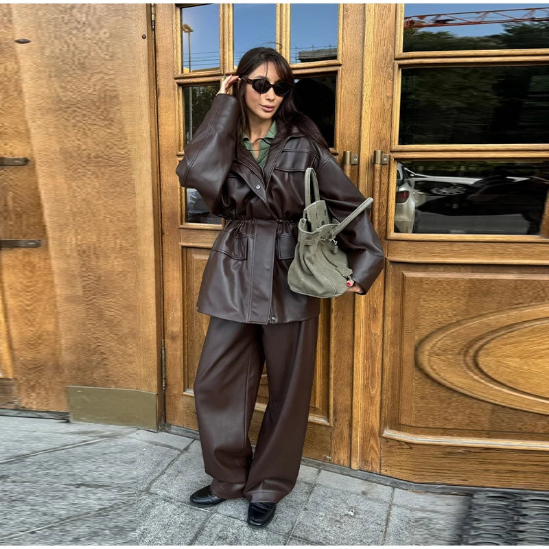 Vintage Cinched Waist Zipper Faux Leather Jacket for Women