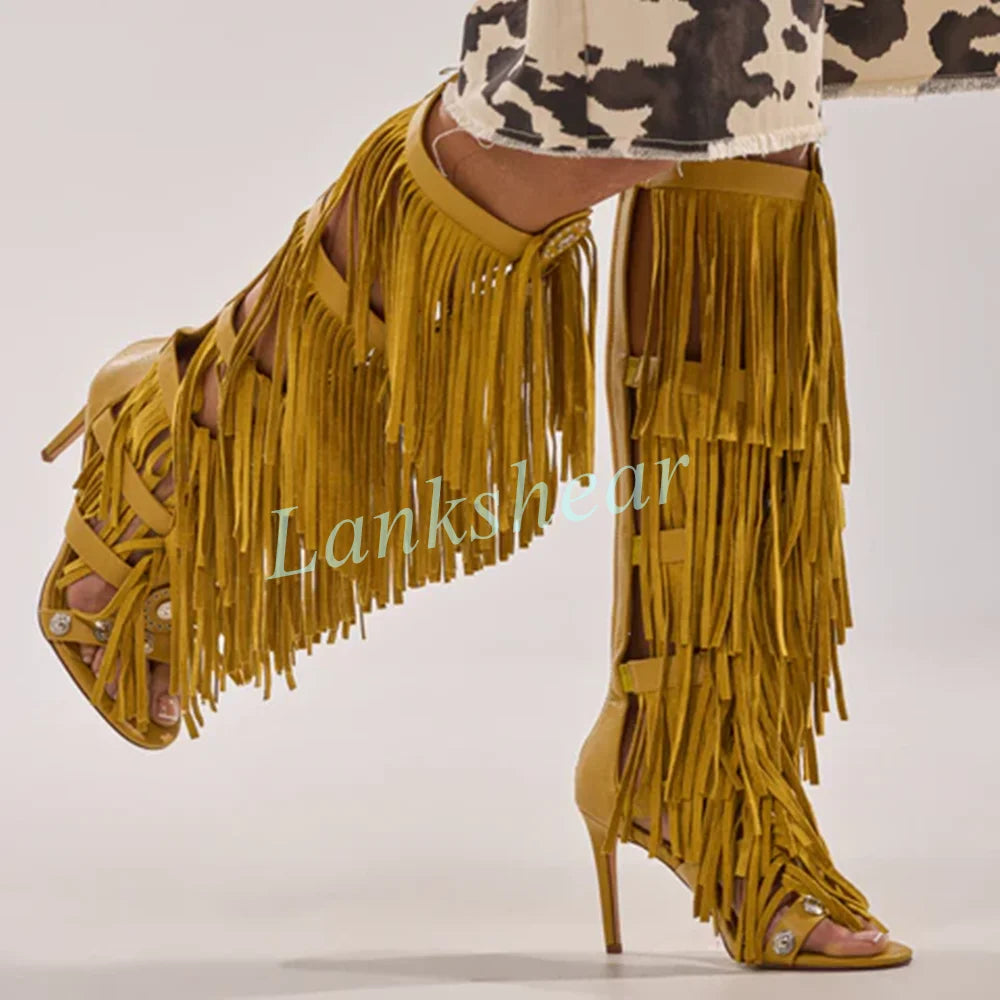 Mustard Yellow Suede Fringe Knee High Gladiator Sandals for Women