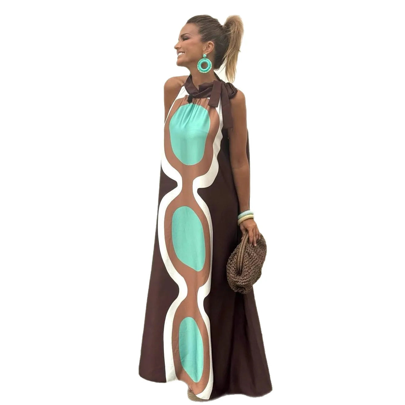 Casual Print Halter Neck Relaxed Fit Maxi Dress for Women