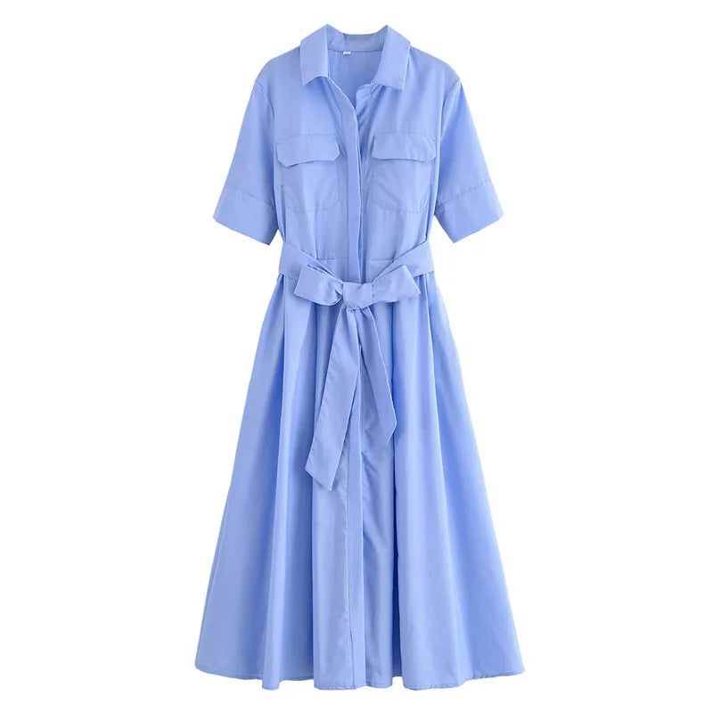 Lapel Casual Pockets Short Sleeve Shirt Dress for Women