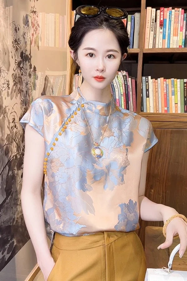 Chinese Inspired Floral Jacquard Satin Blouse For Women