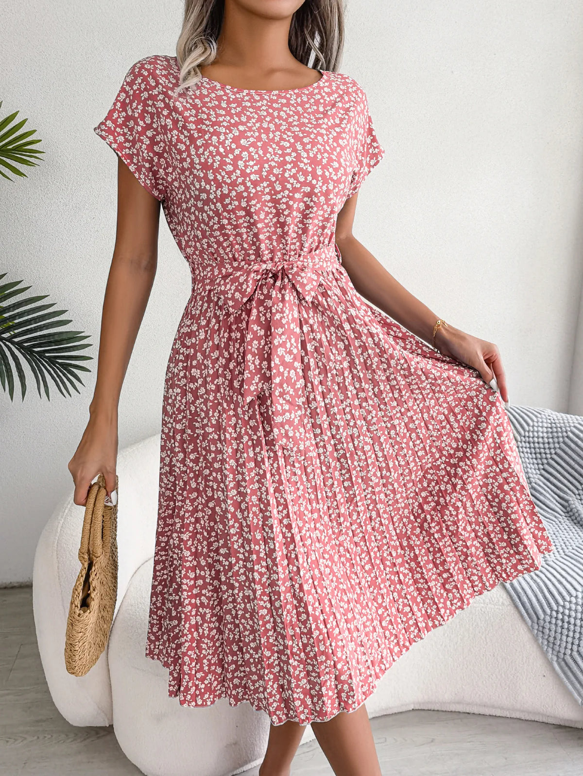 Chic Casual Pleated Short Sleeve Midi Dress for Women