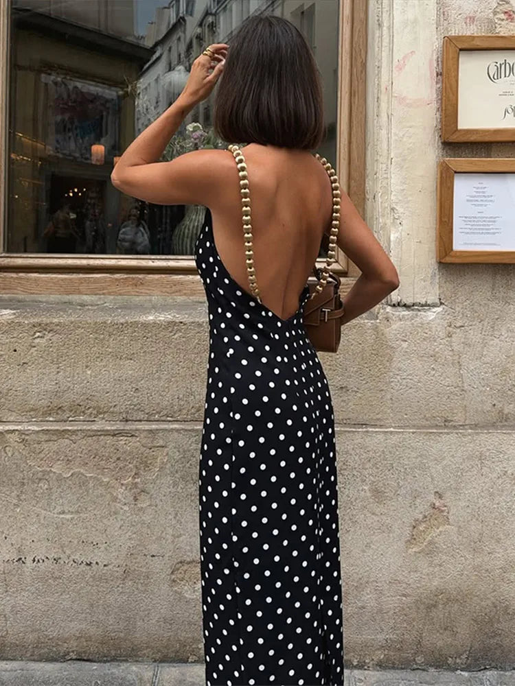 Polka Dots Backless Sleeveless Beaded Square Collar Long Dress for Women