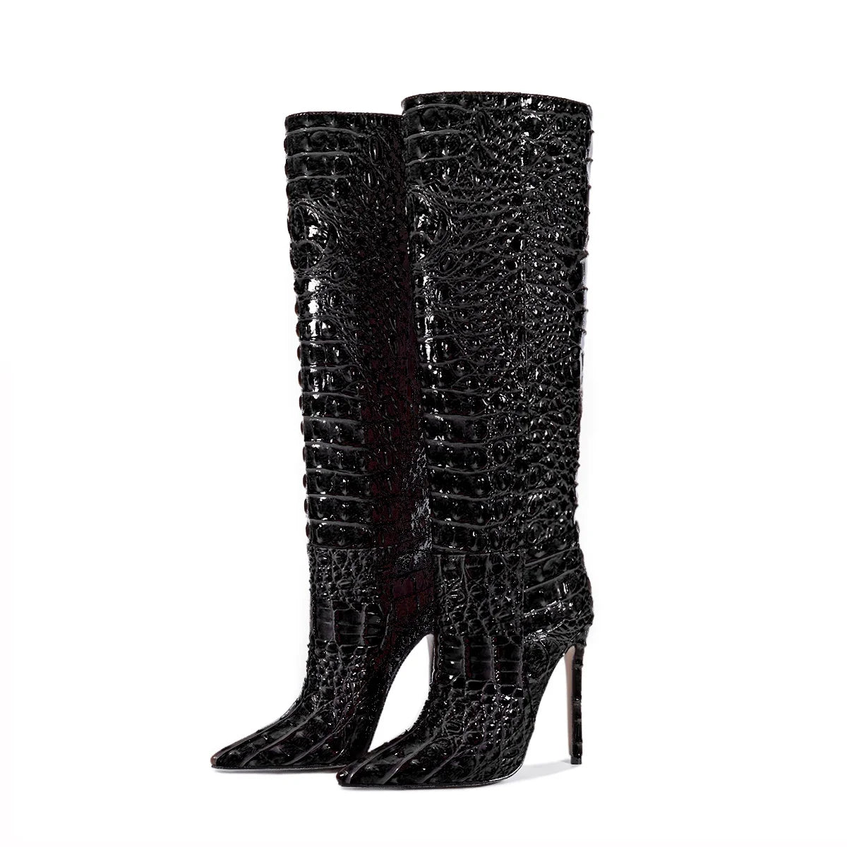 Crocodile Embossed Knee High Stiletto Boots for Women