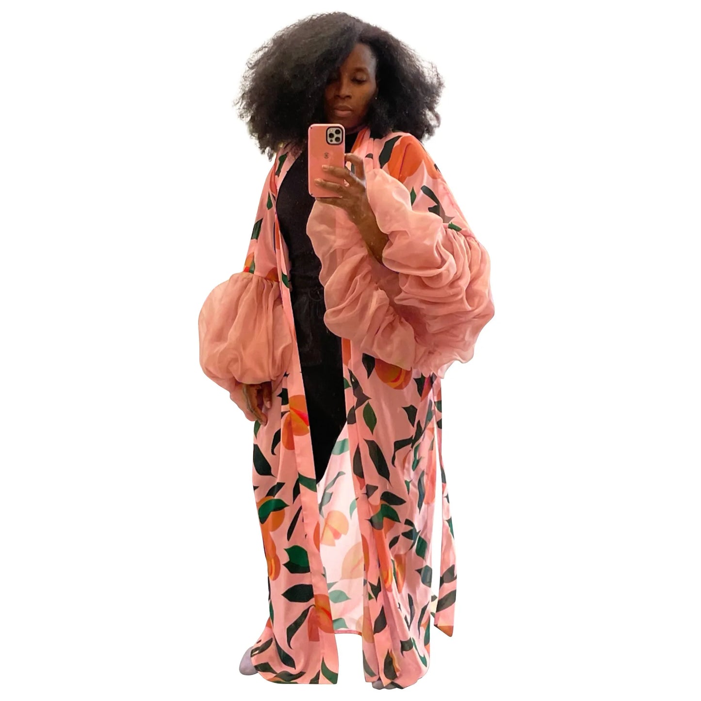 Vintage Floral Printed Chiffon Long Cardigan With Ruffle Sleeves for Women