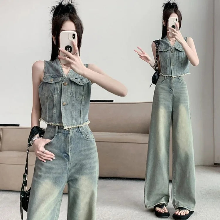 Frayed Denim Vest High Waisted Pants Set Sleeveless Jean Vest Top with Wide Leg Tapered Cropped Pants for Women Summer Outfit
