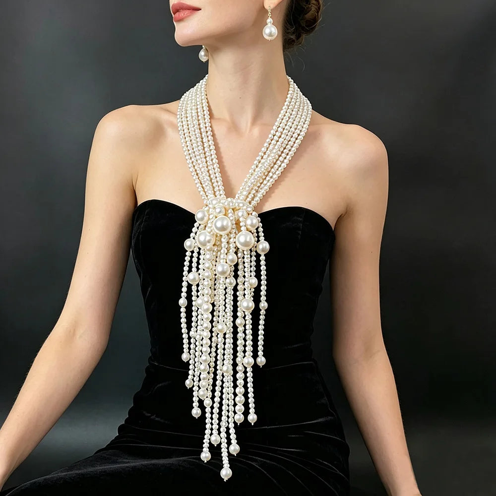 Elegant Layered Imitation Pearl Tassel Necklace for Women