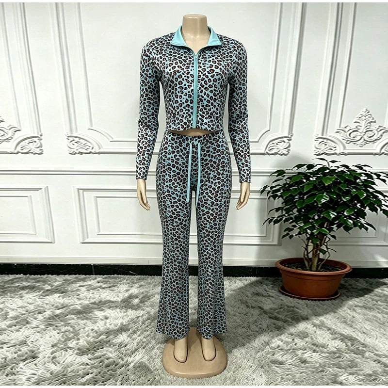 Leopard Print Stand Collar Casual Two Piece Set For Women