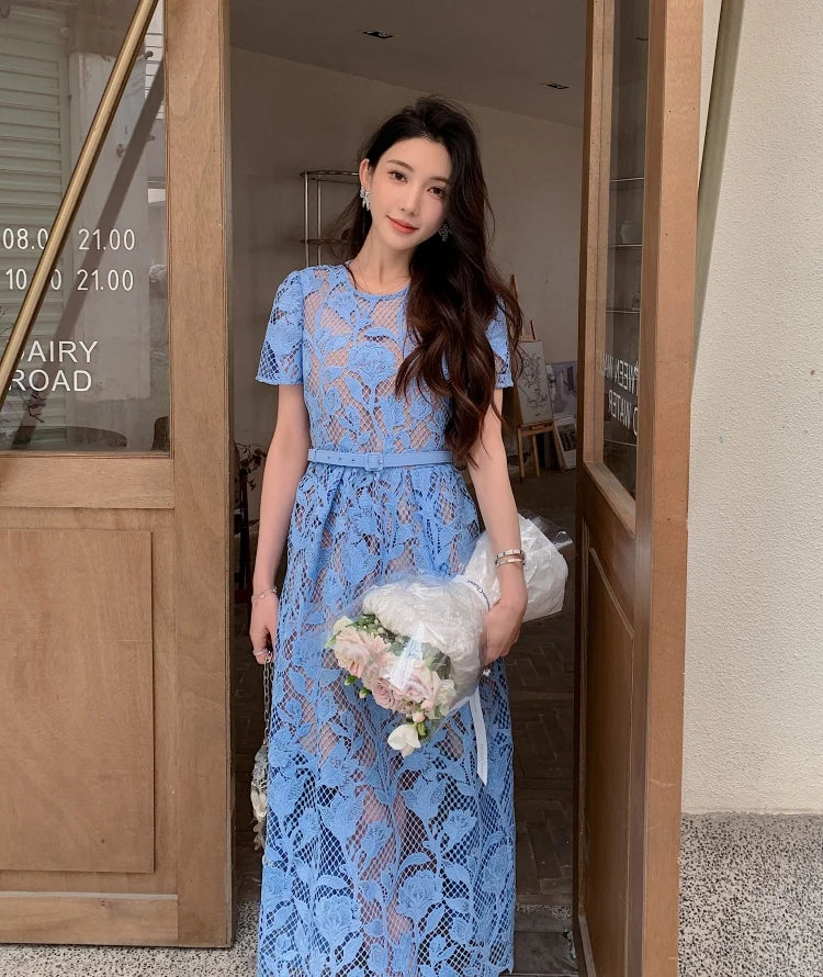 High-end Blue Heavy Lace Hollow Round Neck Short Sleeve Women's Summer Dresses New Elegant High Waist Slim Long Party Dress