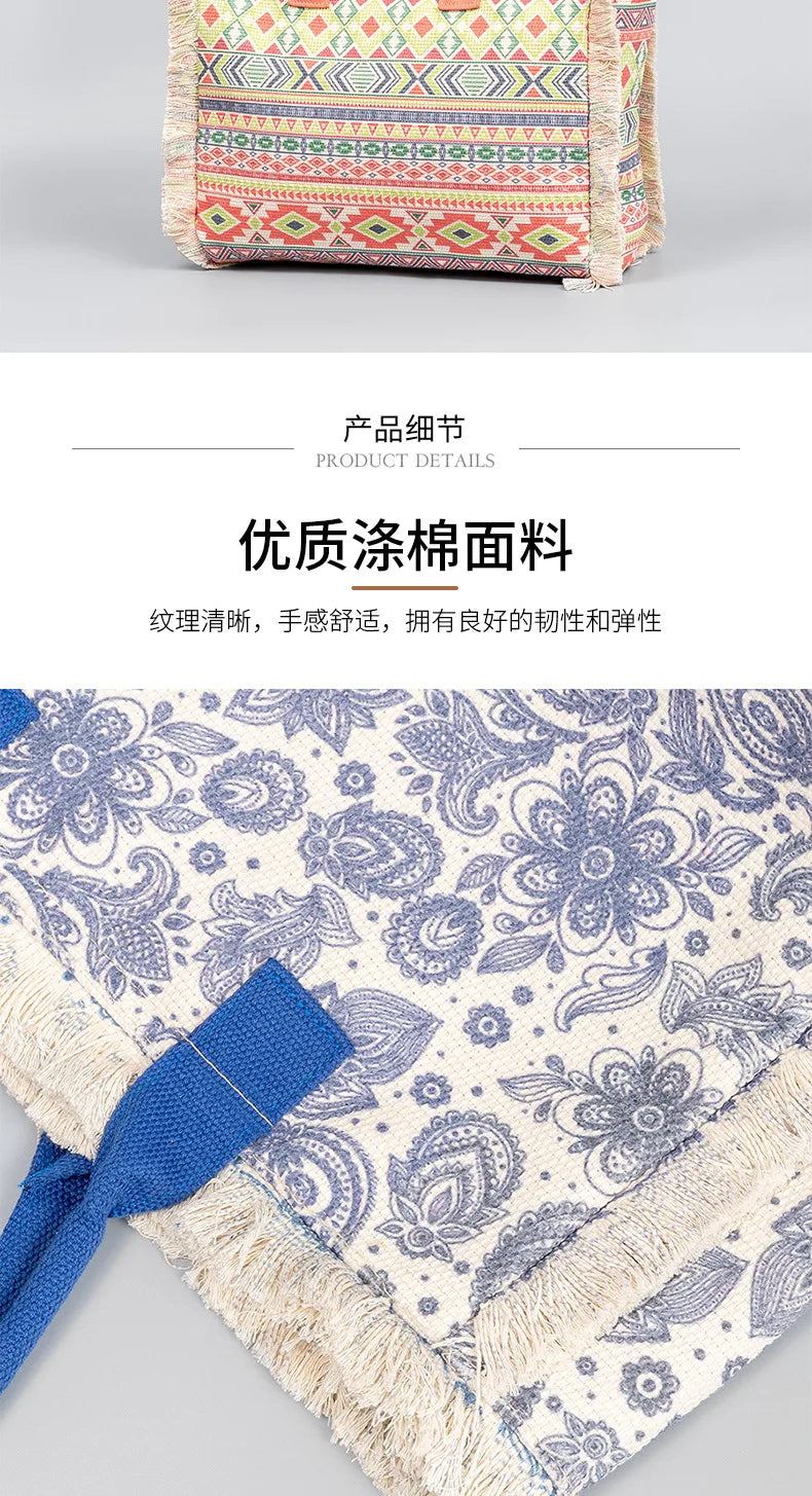 Tote bag Bohemian retro shoulder bag Zipper handbag Large capacity canvas bag Women's summer